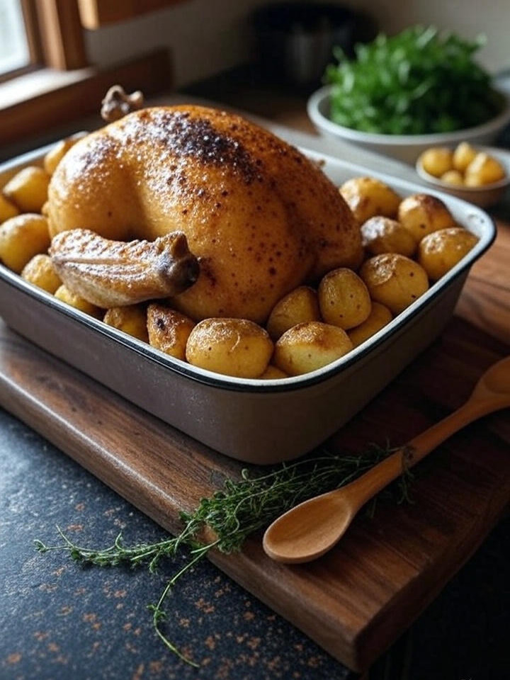 Pollo al horno con patatas fácil y jugoso